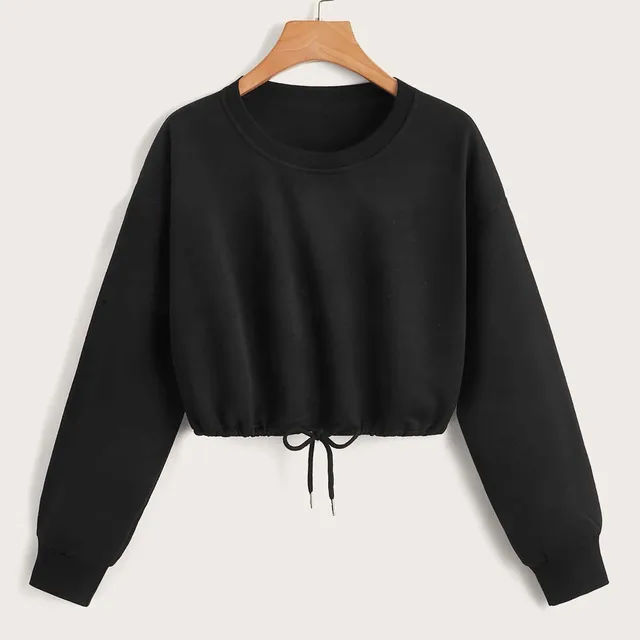 Women Long Sleeve Sweatshirt Fashion Solid Crop Top Soft Daily Loose Drawstring Hem Womens O-Neck Trendy Basic Femme Pullovers 3