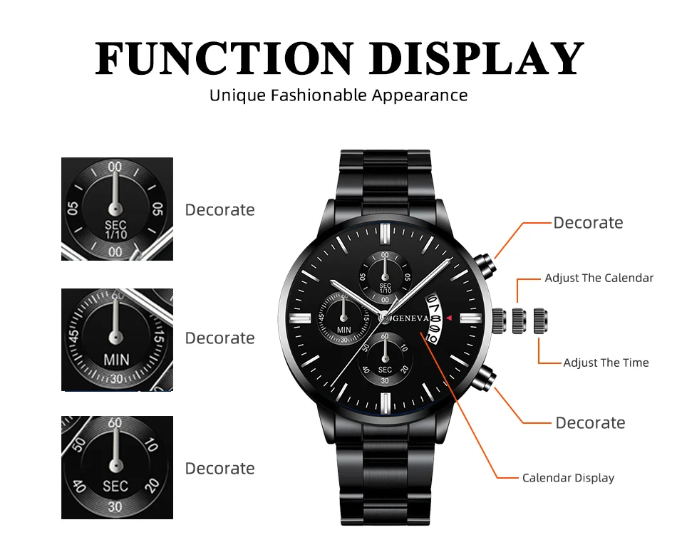 3PCS Set Mens Fashion Wing Bracelet Hexagonal Column Pendant Necklace Watches Men Business Stainless Steel Calendar Quartz Watch