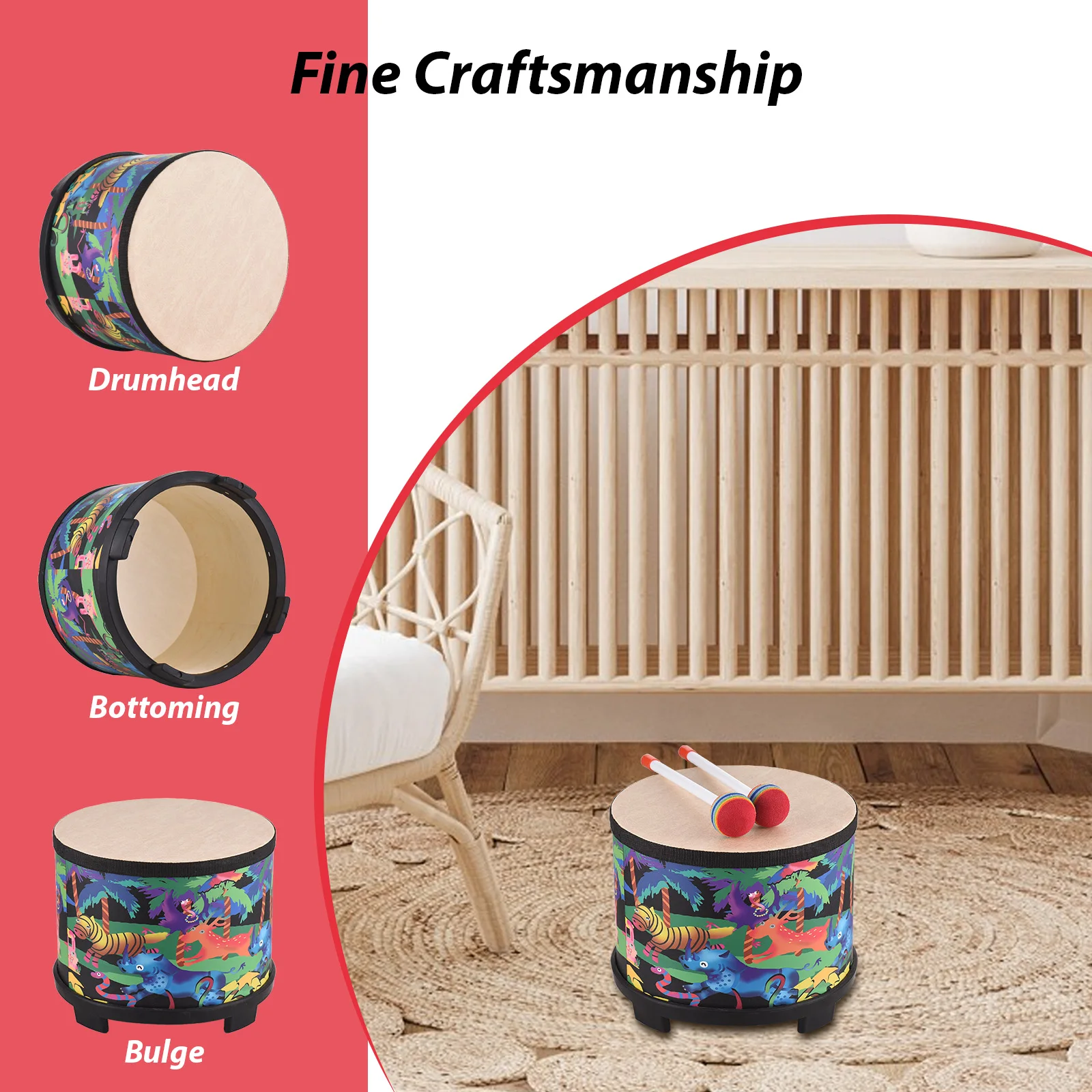 Drum Percussion Instrument 8-inch Floor Drum for Christmas Birthday Gift Bongo Floor Drums with2 Mallets Musical Instrument