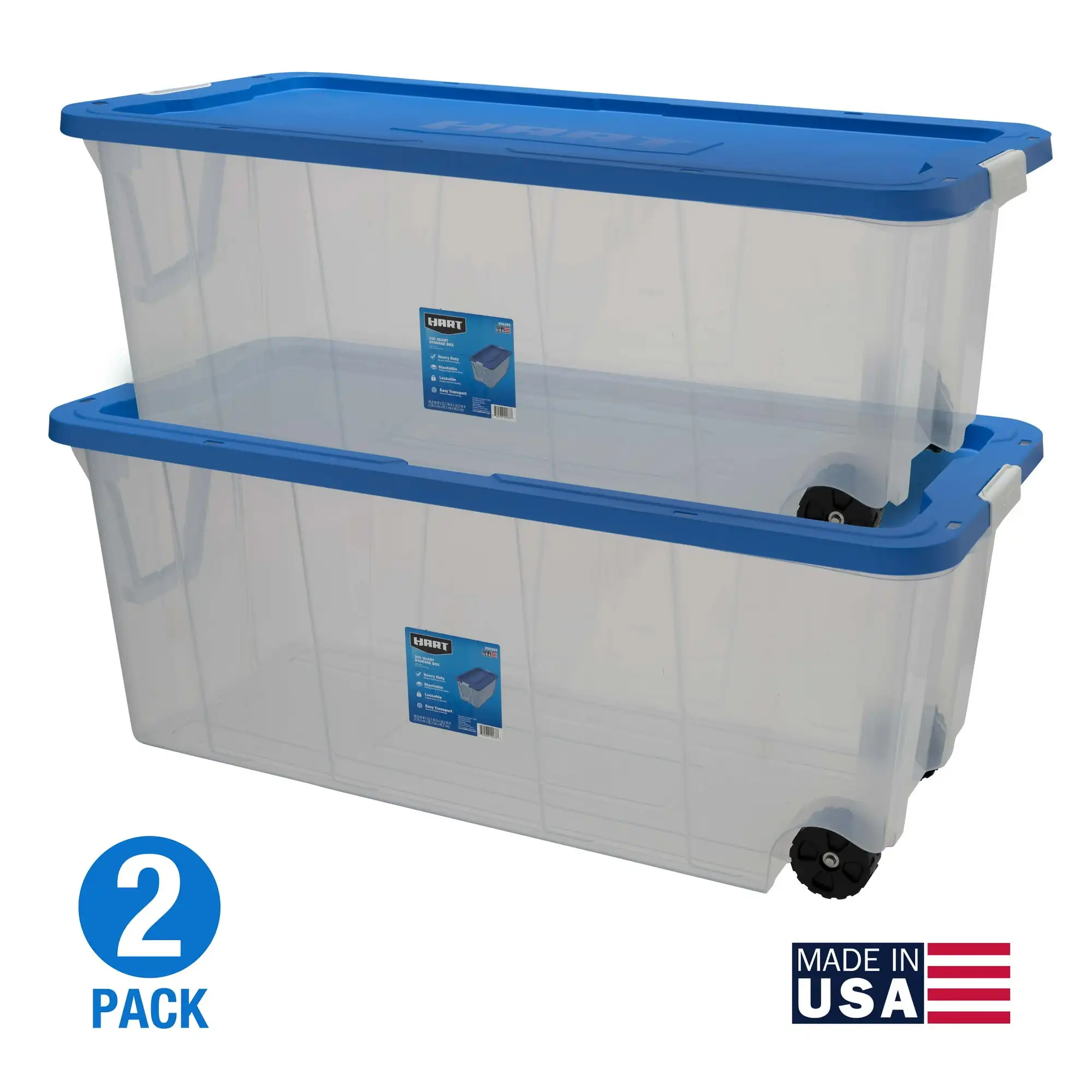 

HART 200 Quart Latching Rolling Plastic Storage Bin Container, Clear, Set of 2