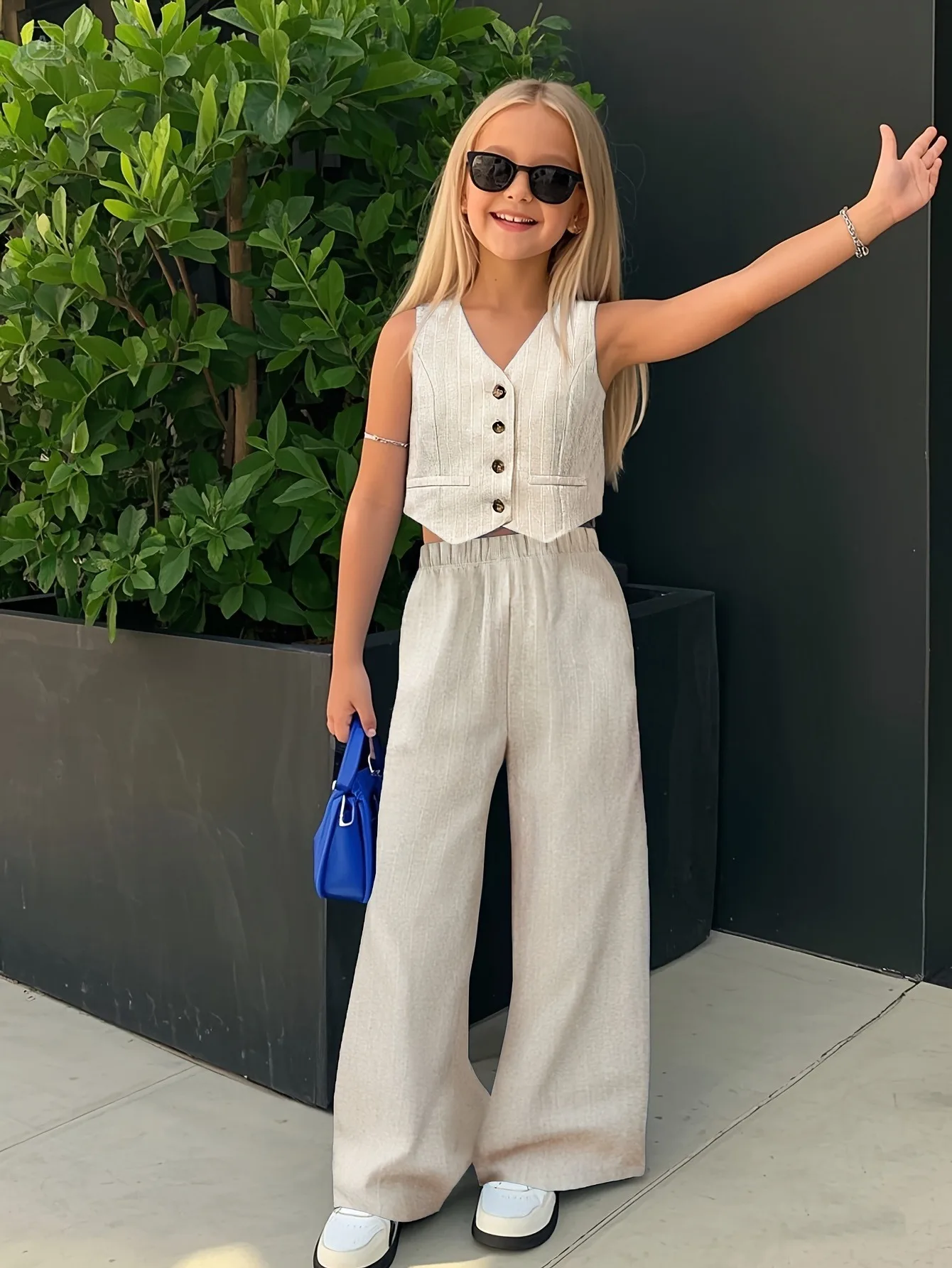 2-teiliges Set aus strukturierter Weste und weit geschnittener Hose für Mädchen, sommerliches, lässiges Streetwear-Outfit