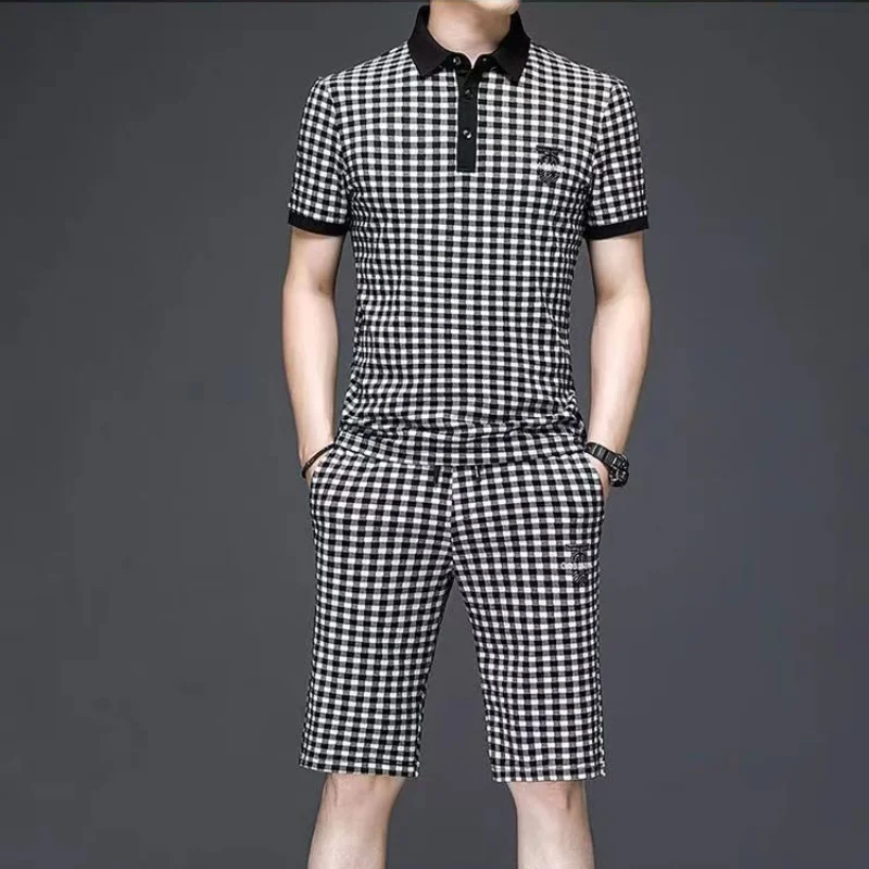 Polo Plaid Top Shorts Sets for Men Chic Slim Fit Basic Kpop Korean Style Clothes Cotton Smooth Novelty In Xl Summer Male T Shirt male t shirt shorts sets polo chic clothes for men xl sweatpants 2023 trend offer free shipping 5xl baggy luxury basic gym o top