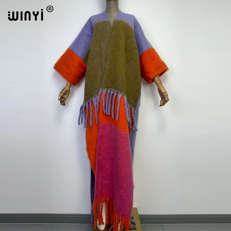 WINYI-강한 비주얼 대비 컬러 술 럭셔리 롱 모피 코트 여성용, 루즈핏 오버코트, 두꺼운, 따뜻한, 겨울