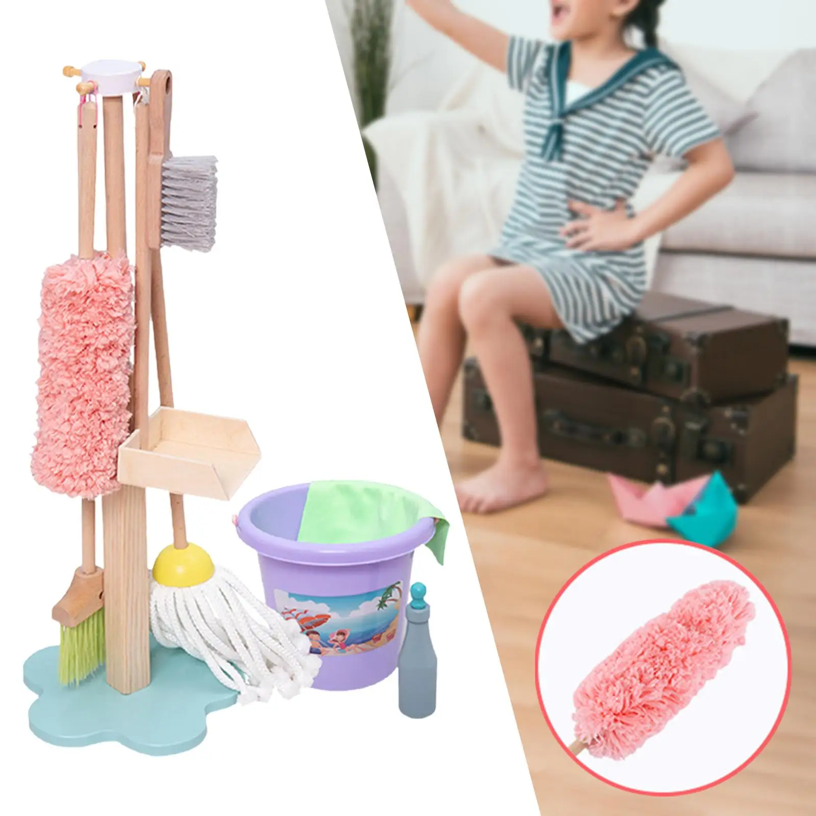 9x Simulation Broom and Cleaning Set Role Pretend Brush Organizing Stand