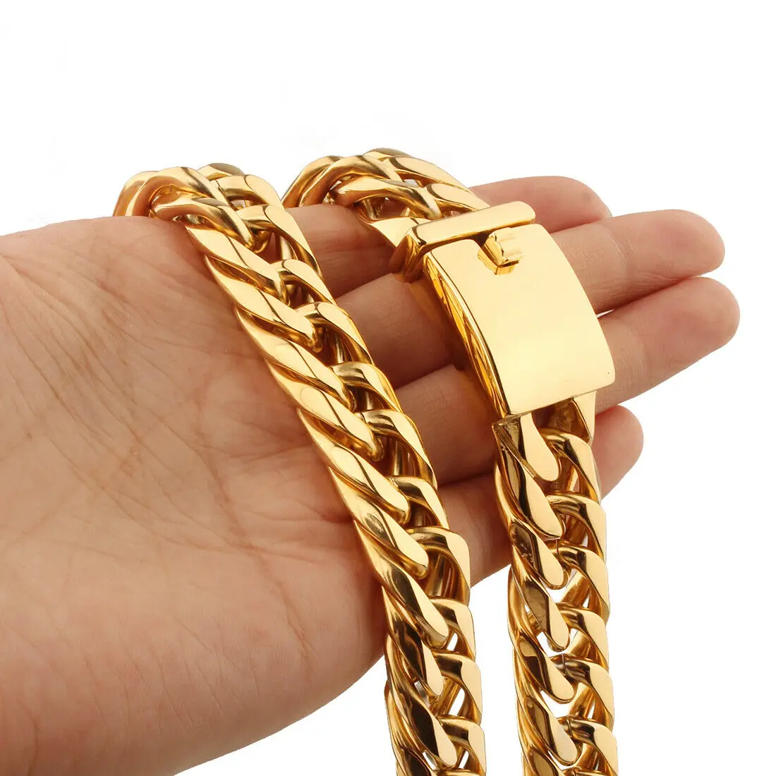 Granny Chic Gold Color 316L Stainless Steel Cuban Link Chain Necklace Heavy Cool Men's Chain Hip Hop Jewelry Gift 16mm 7-40inch