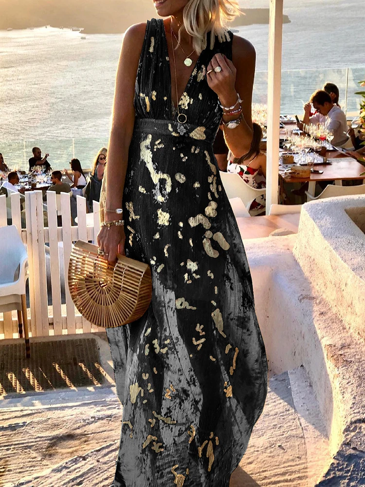 Abito da donna estivo da spiaggia, senza maniche, con stampa colorata, casual, da donna, estivo, bohémien, senza maniche, con stampa, Blu, XXL
