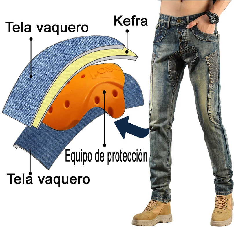 QIYUANT Mens Motorbike Trousers Protective Safety Jeans Motocross Stretch Tear-Resistant Casual Retro Racing Riding Denim Pants With CE Upgraded