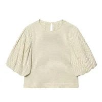 2026 New Women's Fashion Simple and Versatile Short Sleeve Round Neck Checkered Balloon Sleeve Top - Image 4