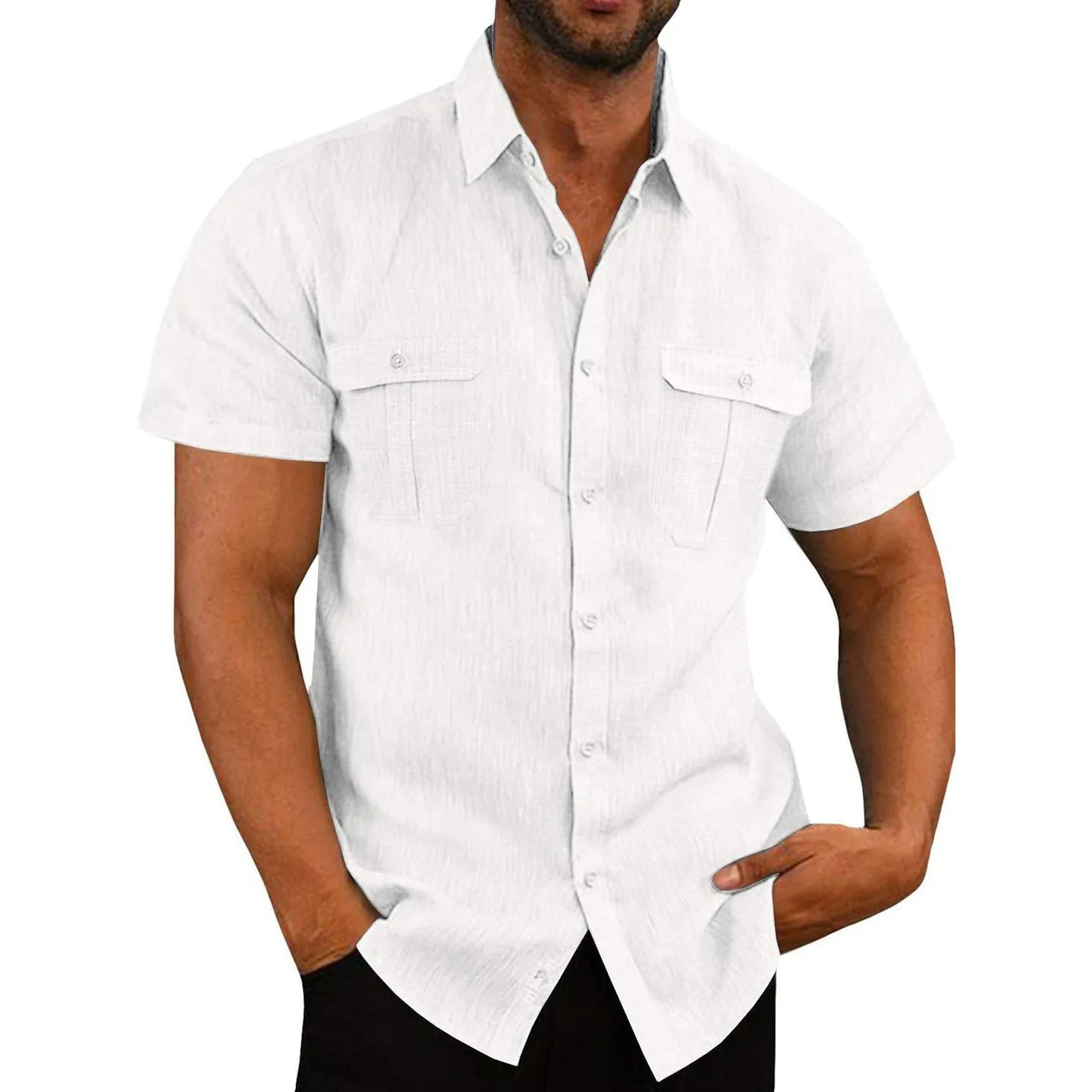 

Men's Double Pocket Cotton Linen Short Sleeve Shirts shirt White