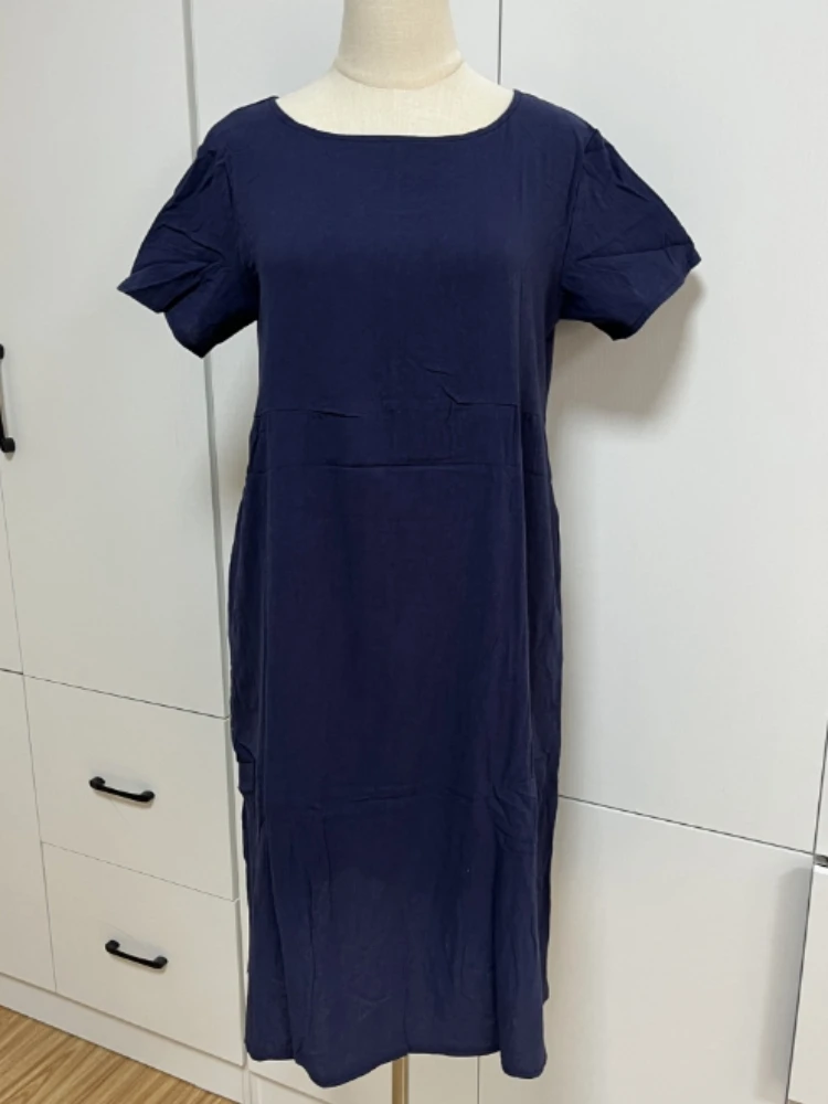 

Cotton Linen Dress New in Summer Solid Color Round Neck Loose Wrinkles Mid Length Version Commuting Fashion 2024 Midi Dresses