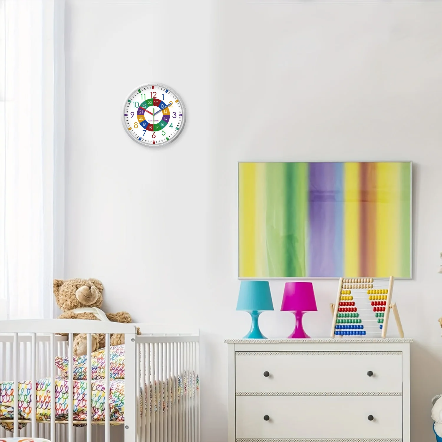 8inch Creative Colorful Digital Pattern Plastic Glass Teaching Wall Clock Living Room Bedroom Kitchen Home Decoration Wall Clock Silent Quartz Holiday Gift