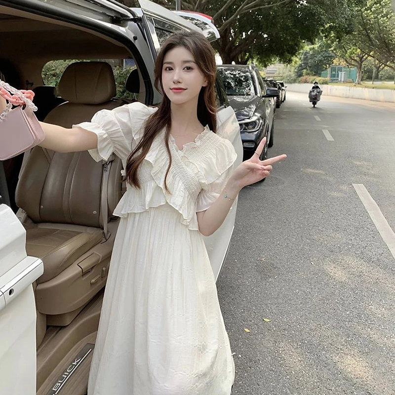 

Midi Dress Women Solid Ruffles A-line V-neck Puff Sleeve Elegant Sweet Dresses