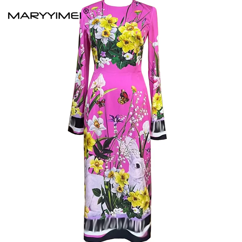 

MARYYIMEI Spring Fashion Women's Silk dress Little White Rabbit Butterfly Floral-Print Luxurious Silk Package hip Dresses