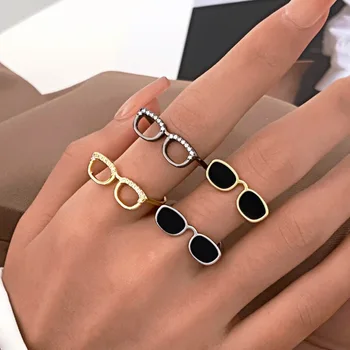Small Crystal Glasses-shape Finger Ring Couple Jewelry Index Finger Sunglasse-shape Rings For Women Jewellery Anel Bague Anillos