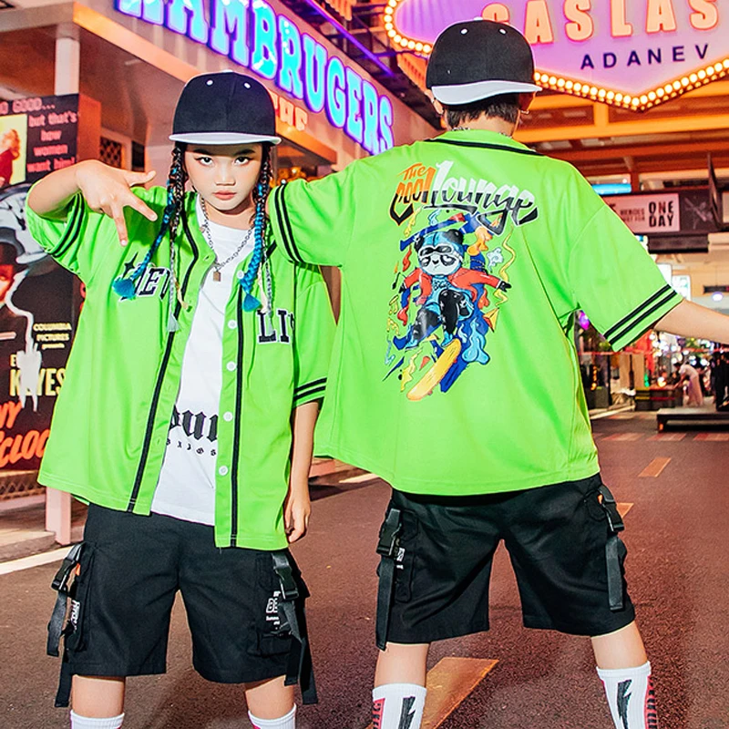 

Fluorescent Green Short Sleeved Shirt Shorts For Boys Ballroom Dancing Clothes Girls Jazz Costumes Stage Kpop Outfits SL6672