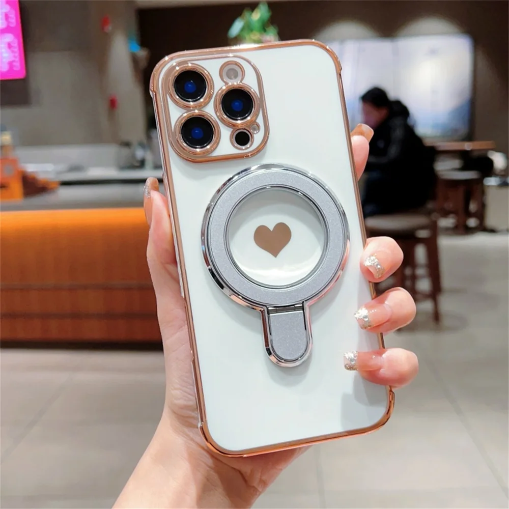 Magnetic Love Heart Stand Holder Phone Case with Plating