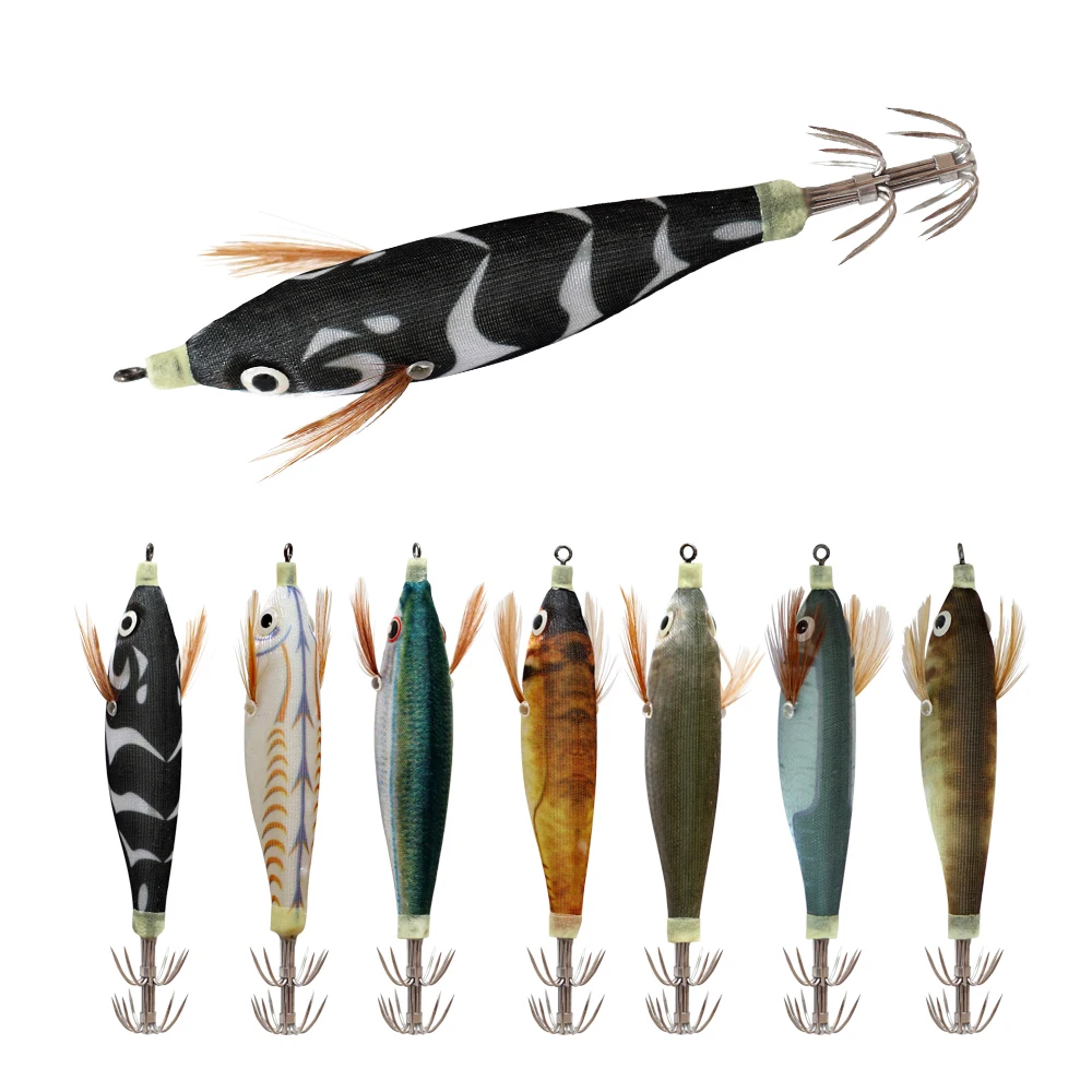 

ILURE 7Pcs/Box Fishing Lure Artificial Hard Bait 10cm9g Simulation Wood Shrimp Luminous Squid Sea Fishing Trout Bass Tackle