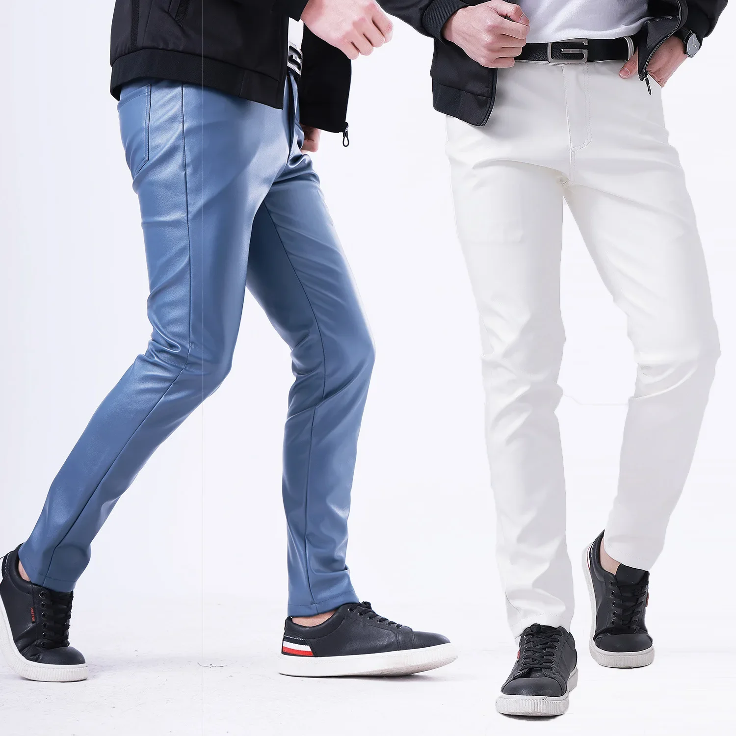 Mens Leather Pants Stretch Slim Fit White Bar for Men Spring Summer
