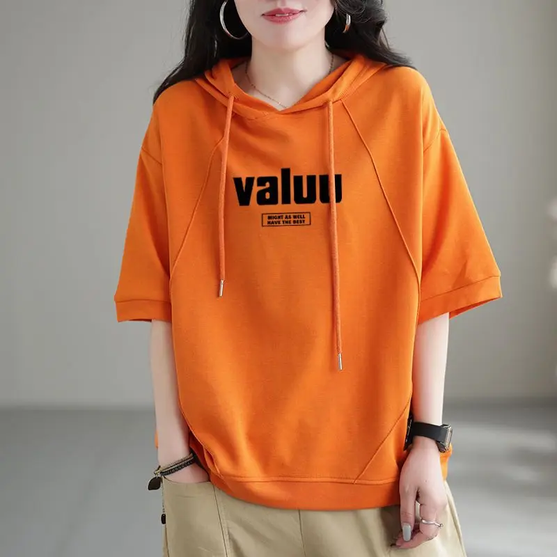 2024 New Summer Art Fashion Casual Loose Sports Oversized Versatile Letter Printed Short Sleeve Hooded Sweater for Women