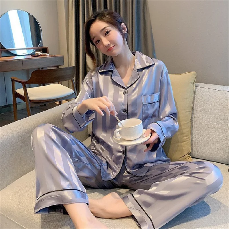Spring Autumn Women's Thin Simulated Silk Pajamas V-neck Long Sleeve Cardigan Pants Oversized Luxury Home Clothing Set