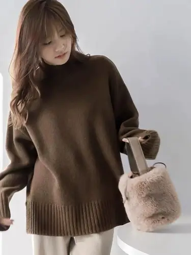 European100% pure cashmere sweater women's half turtleneck slit short sweater lazy loose knit base shirt 2023 autumn and winter - Image 4