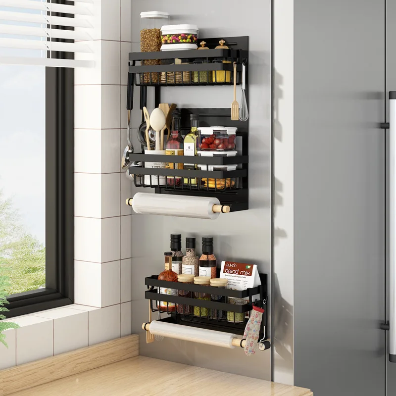 Refrigerator Magnetic Spice Rack Foldable Kitchen Magnetic Side Storage Organizer Shelf with Wooden Holder BLACK GREEN