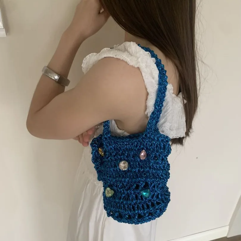 Ladies Summer Macrame Bucket Bag Phone Purse Handmade Hollow Out Cotton Rope Crochet Bag Small Handbag For Girls