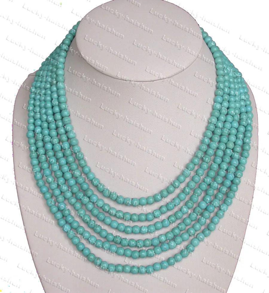 

AAA Natural Selectable 43cm 6row 6mm 8mm Round Sky-blue Turquoise Beads Necklace Magnet Clasp C725 Chain