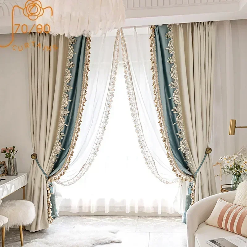 French Luxury Imitation Luster American Luxury Stitching Lace Curtains Blackout Curtains for Living Room Bedroom