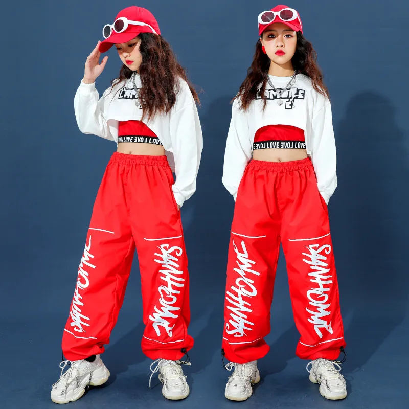 Hip Hop Girls Crop Top Joggers Jazz Clothes Sets Children Streetwear Street  Dance Cargo Pants Kids Balck Goth Stage Costumes