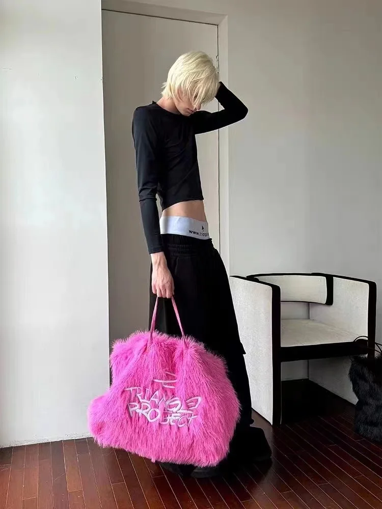 Faux Fur Pink Letter Handbag Black Plush Tote Bag Large Capacity Winter Unisex Fluffy Big Square Shoulder Bag Y2k Furry Handbags