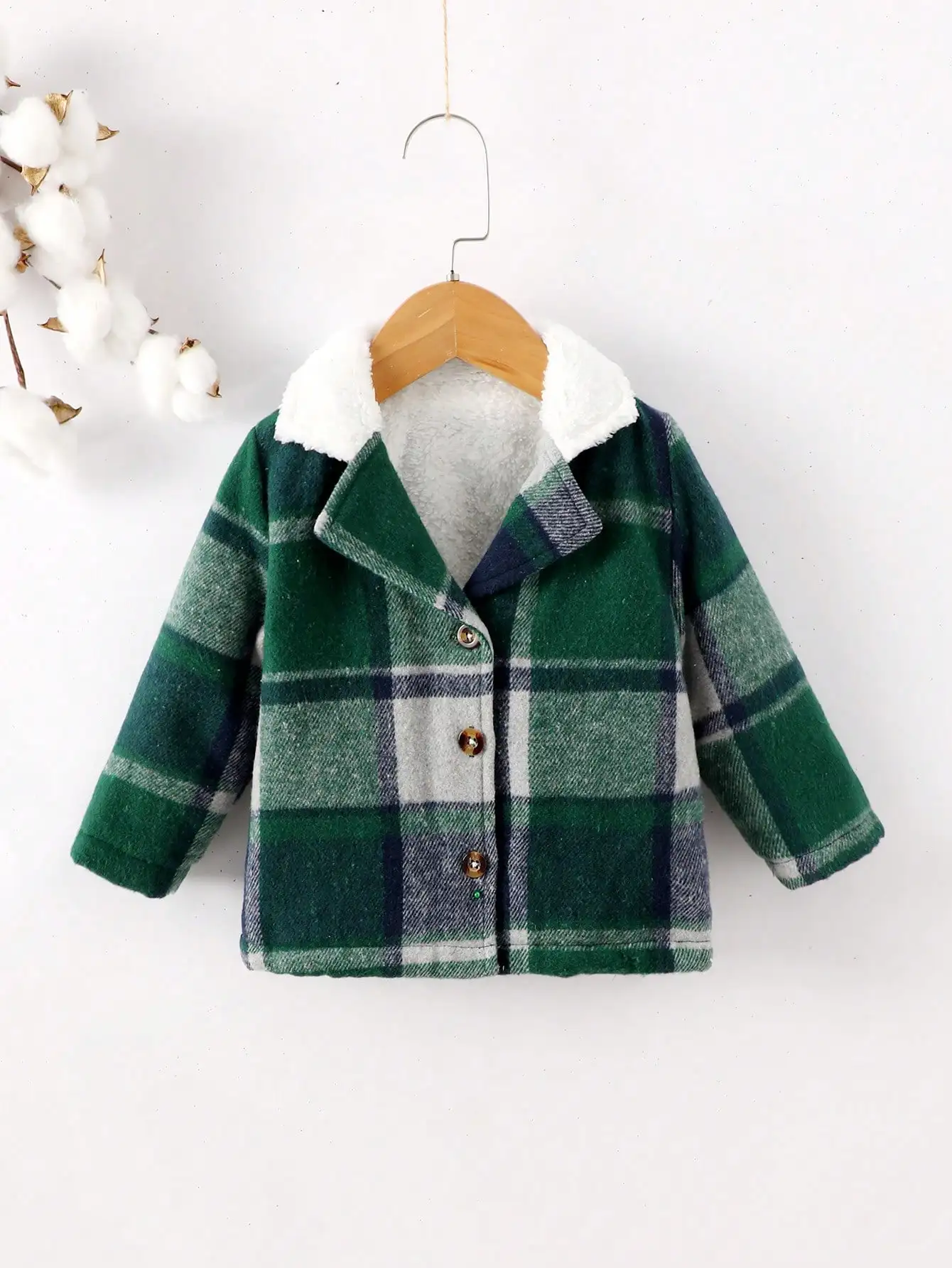 Japanese-Korean Style Boy Baby Gentleman Lapel Small Coat Green Plaid Long-Sleeved Breasted Thick Coat Matches Everything