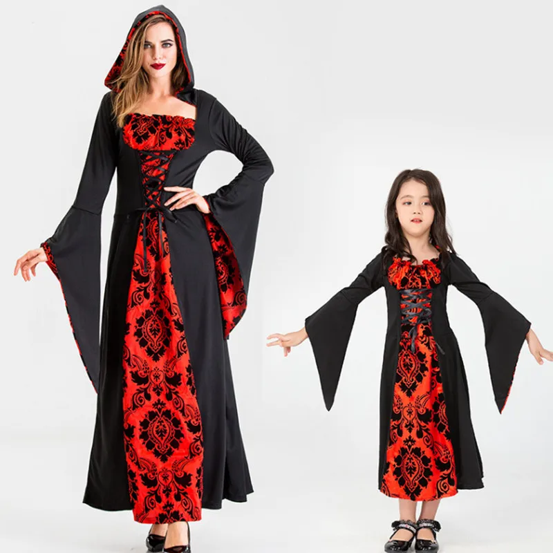 

Halloween Costume Cloak Vampire Role-playing Costume Ball Wizards Women Black Red Long Robe with Hood Carnival Party Cosplay