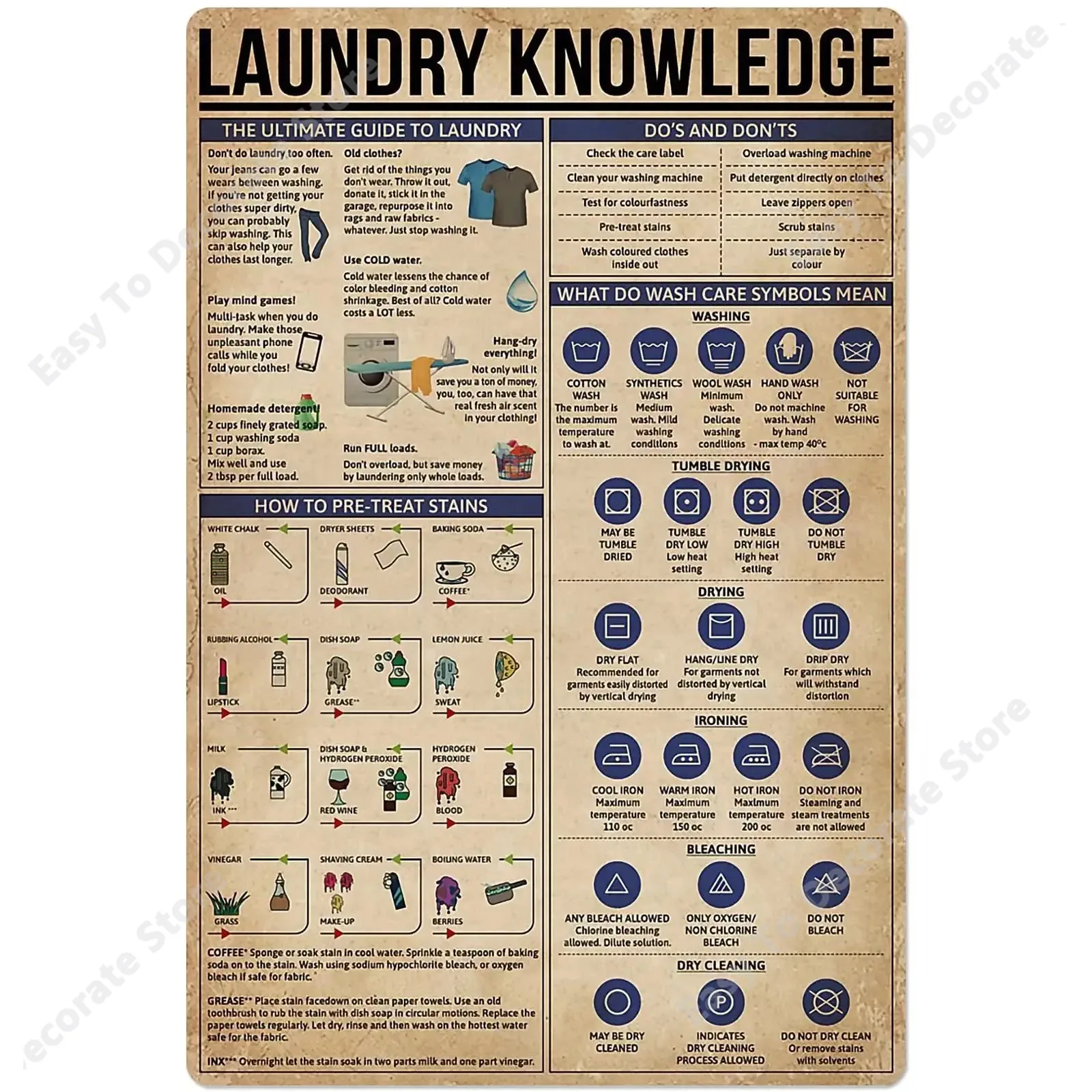 

A Laundry Knowledge Metal Tin Sign The Ultimate Guide to Laundry Chart Poster Club Bedroom Garage Wall Decoration Plaque 8x12 In