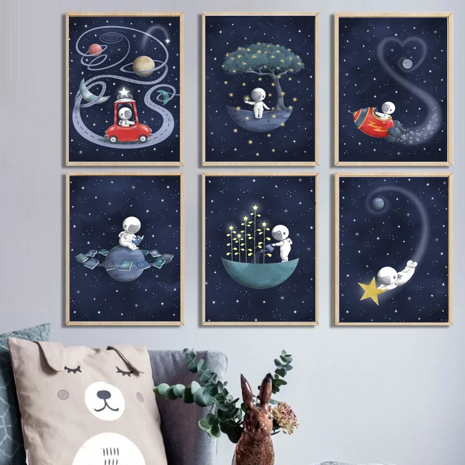 Cute Astronaut Moon Star Car Rocket Planet Outer Space Wall Art Canvas Painting Posters And Prints Pictures For Kids Room Decor