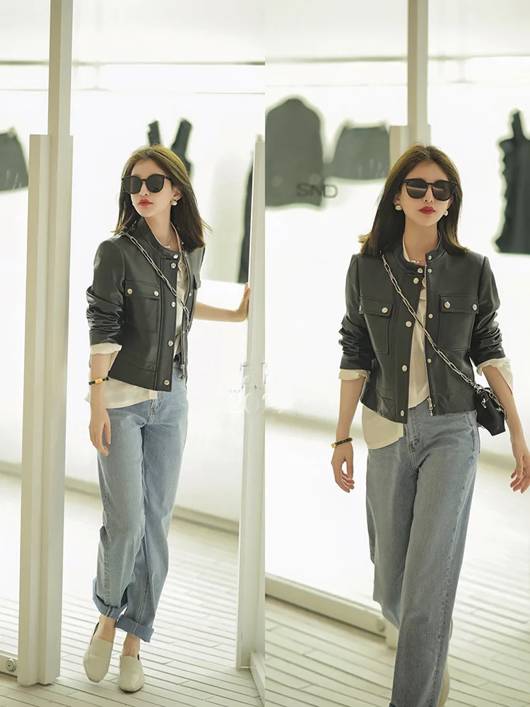 

2023 spring women's fashion sheepskin real leather jacket short vintage leather jacket motorcycle jacket women