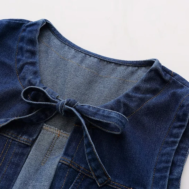 Chic Denim Lace Up Women‘s Shirt Fashion Loose Turn-down Collar Long Sleeve Female Shirts 2024 Sping Pocket Office Lady Top