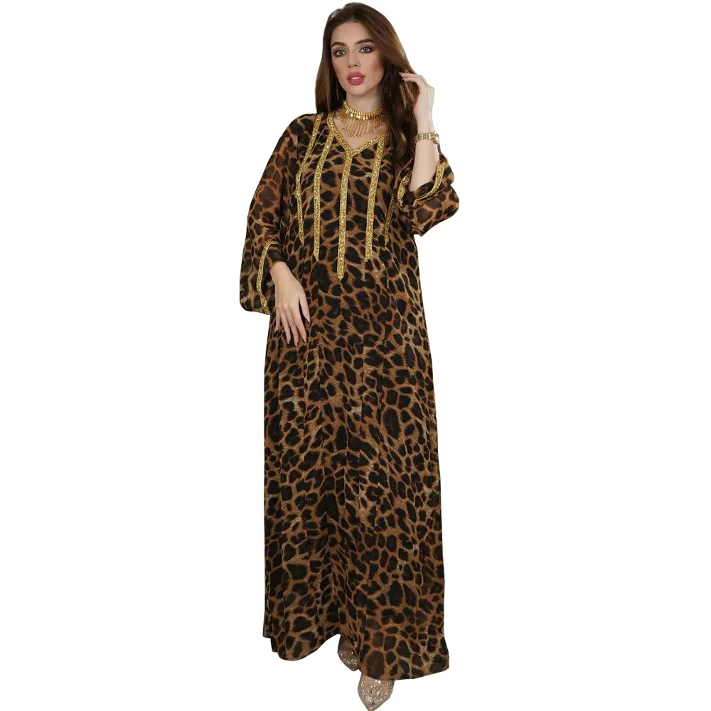 Leopard Print Diamonds Loose Ladies Dress Fashion Muslim Women's Jalabiya Ramadan Arab Hight Quality Feminine Clothes
