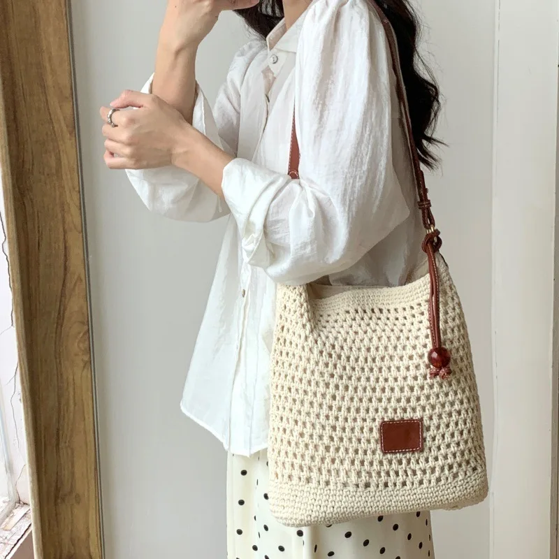 Beach Summer Bag for Women Mesh Woven Shoulder Bag Adjustable Strap Handbag Large Capacity Tote Bag for Travel Vacation