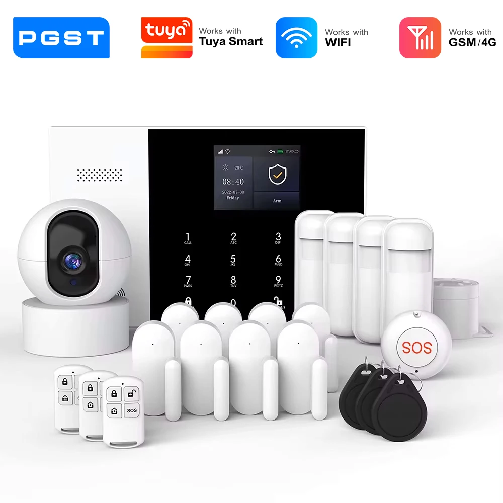 PGST kit sécurité alarme anti intrusion WiFi 2G GSM 4G Works with Tuya Smart Life système sans fil connecté pour maison commerce surveillance mobile installation rapide protection 24h sur 24 1