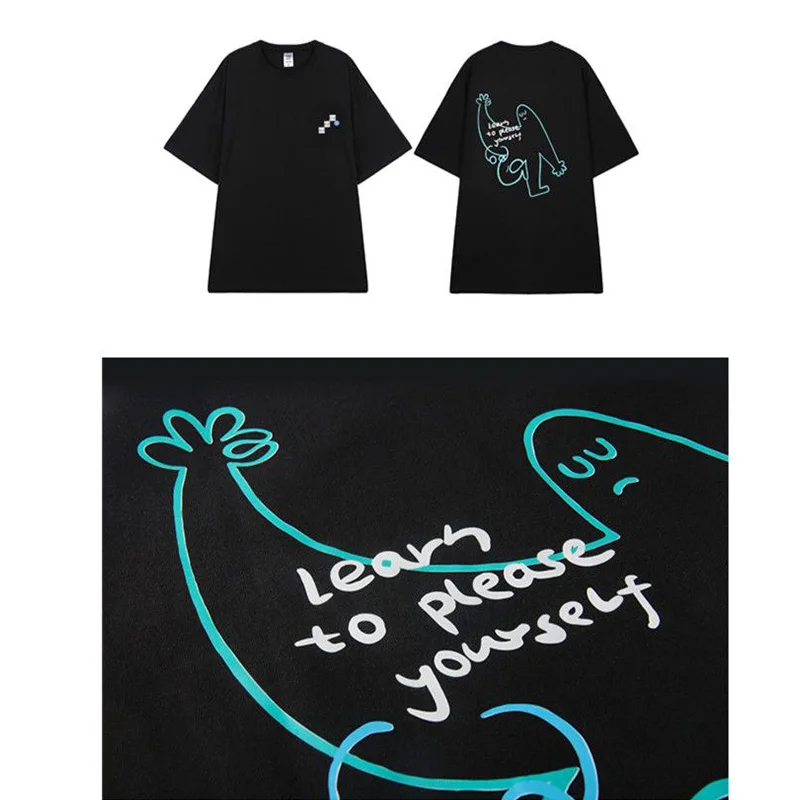 Summer Clothes for Womens Round Neck Funny Printing Plus Size Pullover T-Shirt Korean Letter Loose Short Sleeve Black Tops Trend