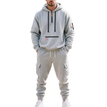 New Men's Winter Thick Fleece-Lined Casual Sports Suit - Loose Fit Design, Half-Open Style Of Wearing, Two-Piece Workwear Style - Image 5