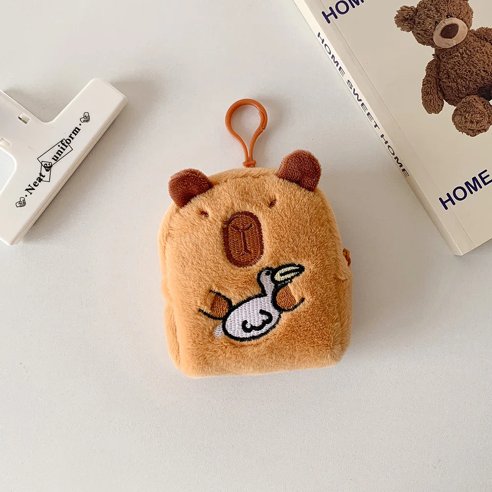 Capybara Plush Coin Purse Mini Zipper Wallet with Keychain Headphone Storage Bag Crossbody Bag Pendant Decoration Girls Gift