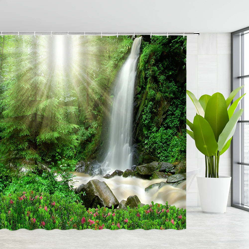 

Tropical Rainforest Shower Curtains Jungle Green Forest Trees Plants River Landscape Nature Scenery Bathroom Decor Bath Curtain