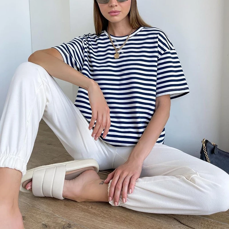 WOTWOY Summer Short Sleeve Striped T-Shirts Women Knitted Basic Casual Tops Female Cozy Loose Cotton Tees 2023 Harajuku Shirt