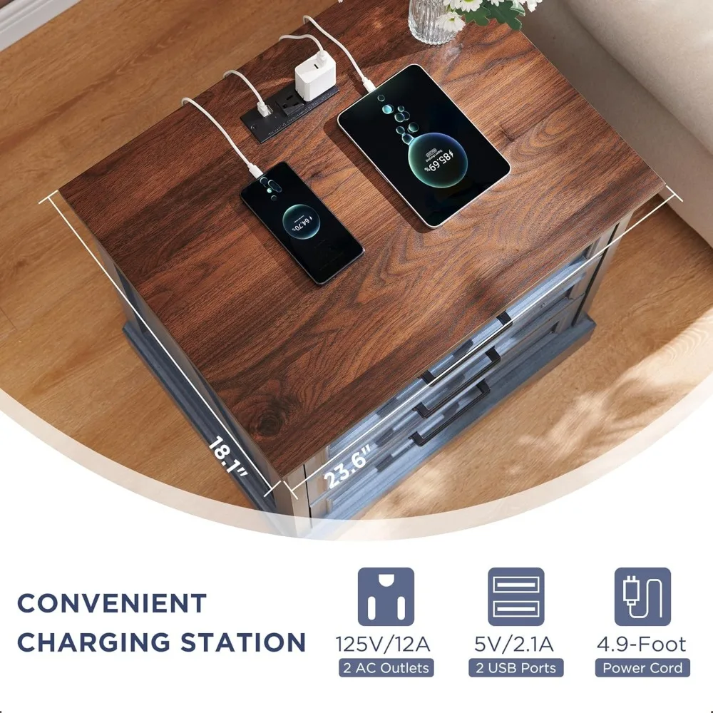 Farmhouse Nightstand with Charging Station, 24 Inch Wide End Table with 3 Large Drawers & Bar Handles, Rustic Wood Small Dresser 4