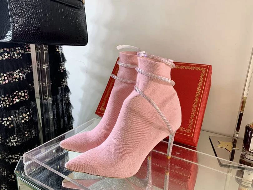 Botines rosas para mujer, botas elásticas, botines ajustados, Sexy, puntiagudos, botas decorativas en diamantes negros, talla 42| | - AliExpress