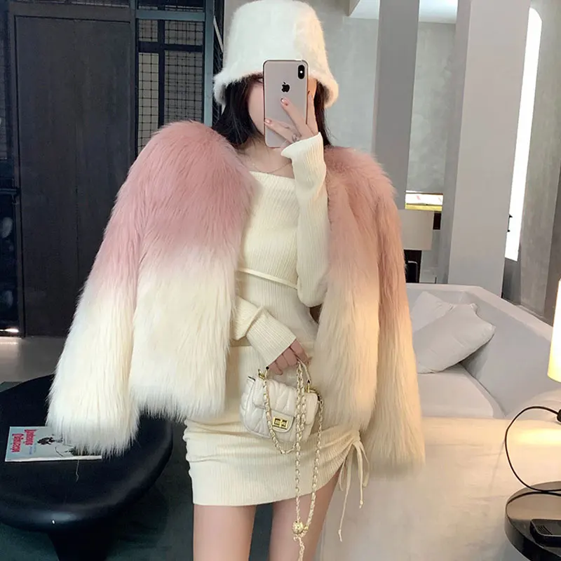 가을 점차적인 색상 인조 여우 모피 여성 코트, 시크 패션, 겨울 모피 가디건, 플리스 탑 재킷 코트, 파티 클럽 복장 2023