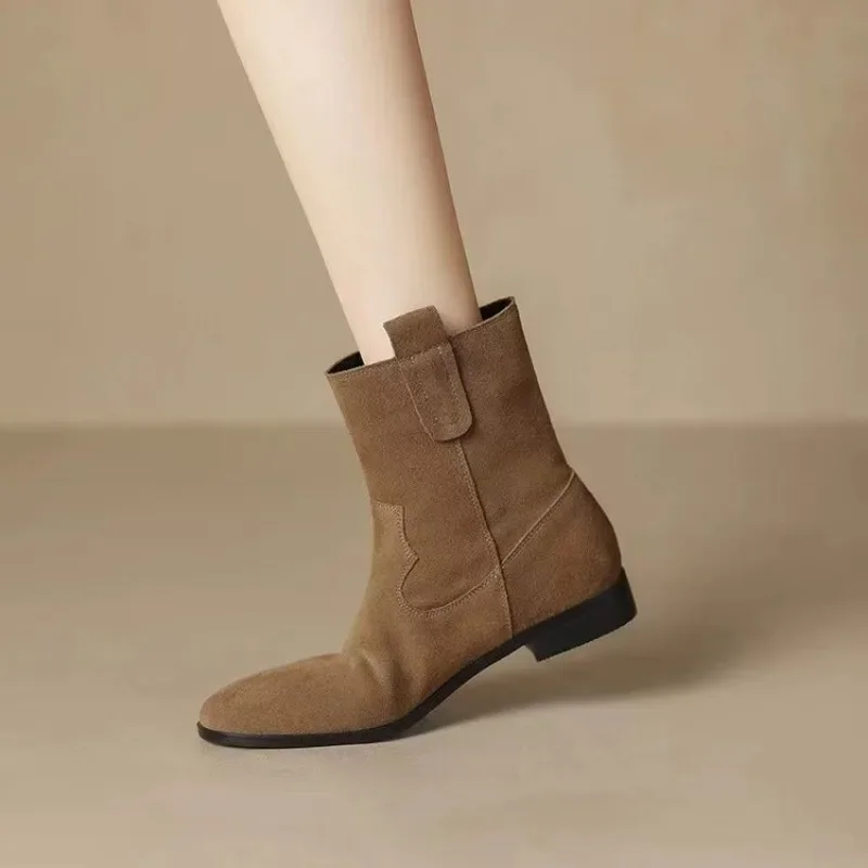 2023 Women Ankle Boots Suede Leather Round Toe Slip on Boots Office Lady Autumn Winter Soft Shoes for Female Retro Botas Mujer