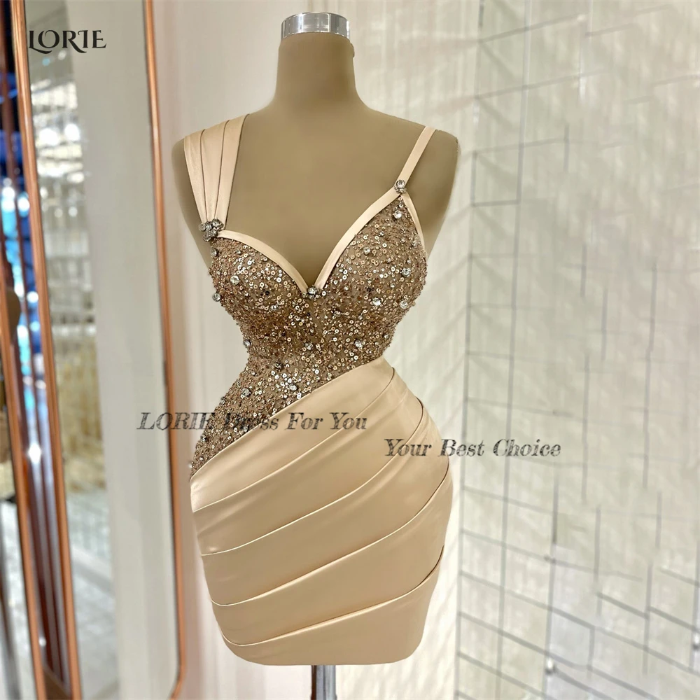 LORIE Champagne Cocktail Party Gowns Beaded Pleats Mini Formal Evening Dresses Bodycon Dubai Arabia Gown robe de soir&eacute;e femme
